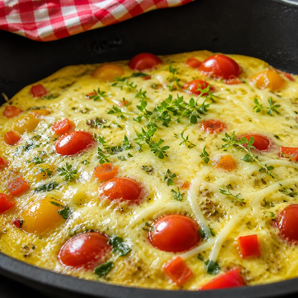 Leckeres Gemüseomelett mit Zucchini, Tomaten und Eier in einer Pfanne zubereitet.