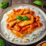 Hähnchengeschnetzeltes mit Reis und Paprika auf einem Teller angerichtet