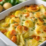 Cremiger Kartoffelauflauf mit Gemüse und Käse im Ofen gebacken.