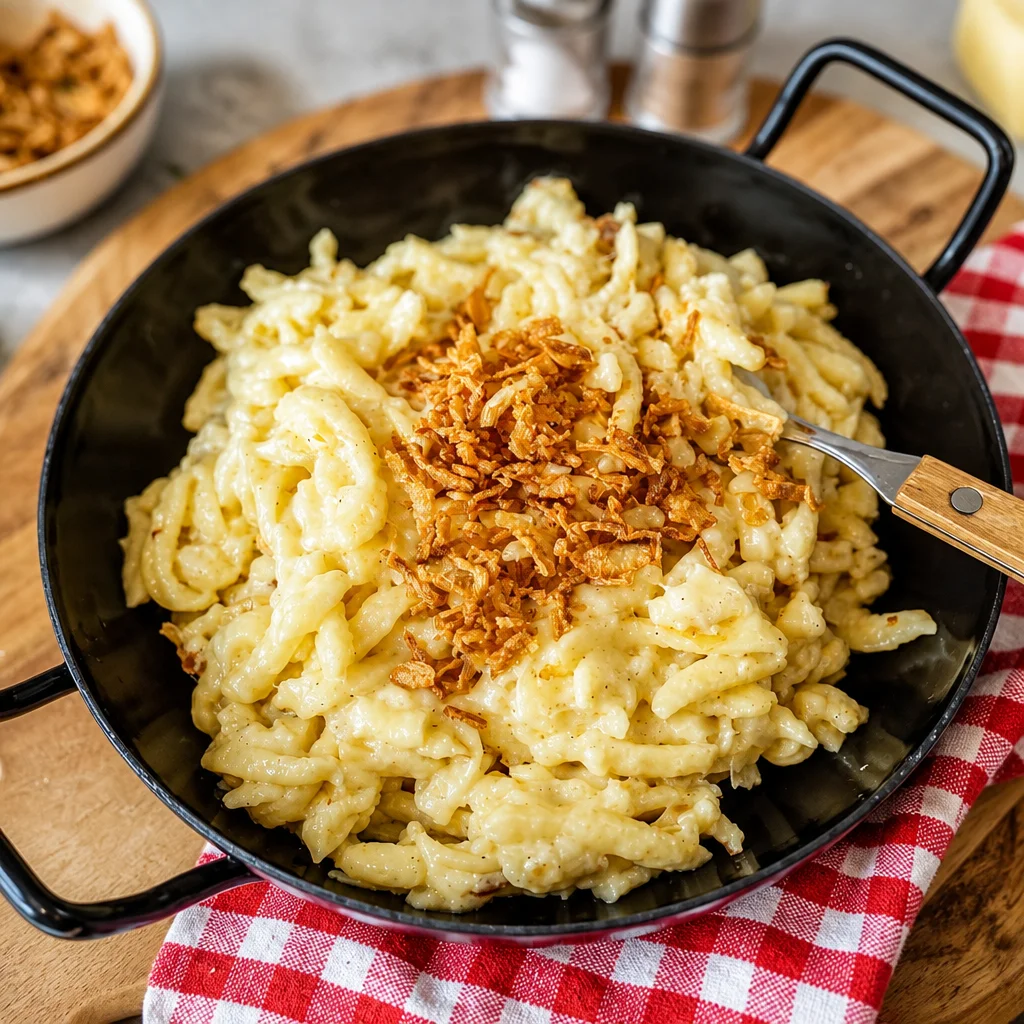 Käsespätzle, deutsche Käse-Nudeln mit karamellisierten Zwiebeln und köstlichem Käse