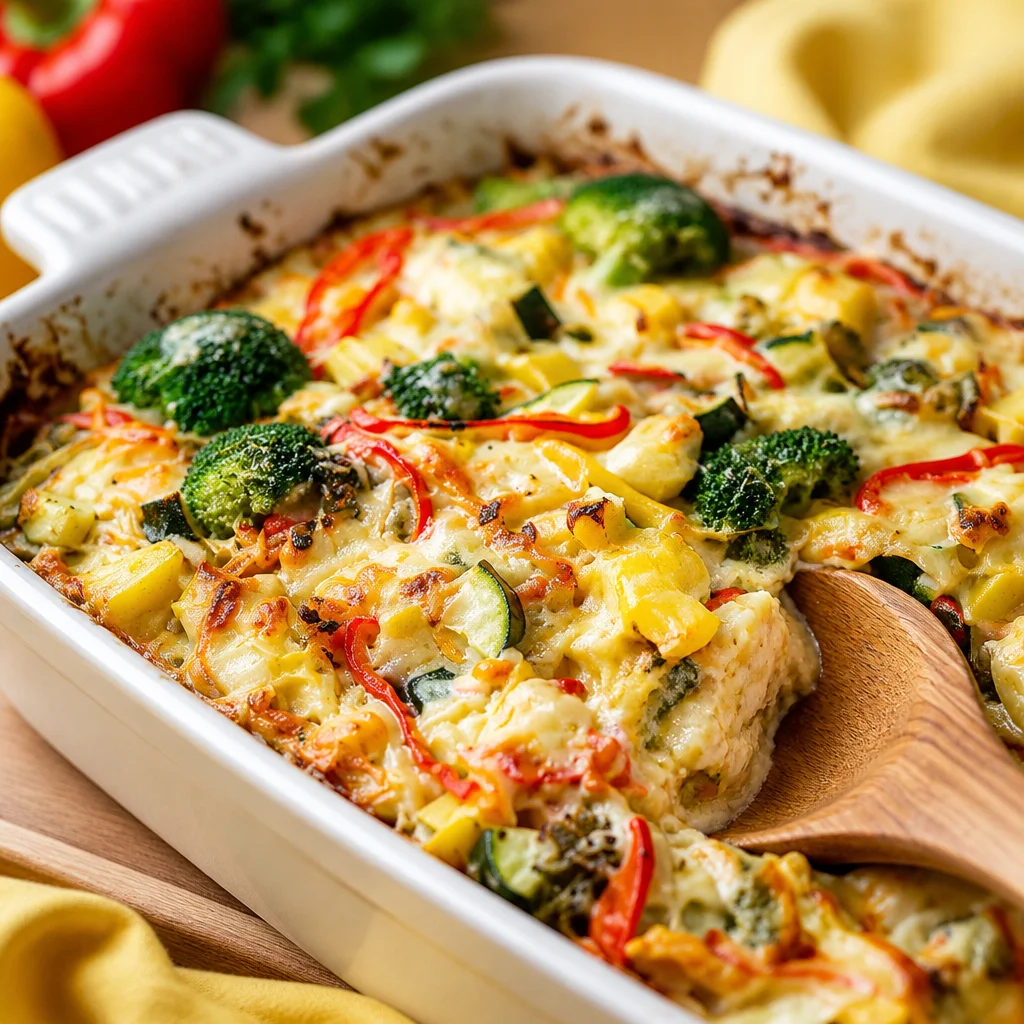 Vegetarischer Gemüseauflauf mit Käse und buntem Gemüse aus dem Ofen.