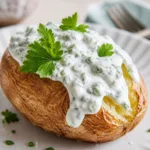 Knusprige Ofenkartoffeln mit frisch zubereitetem Kräuterquark auf einem Teller.