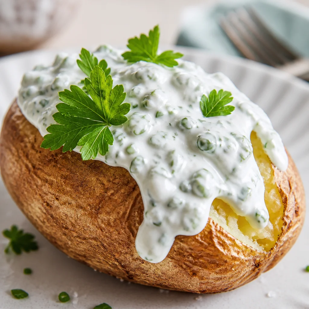 Knusprige Ofenkartoffeln mit frisch zubereitetem Kräuterquark auf einem Teller.