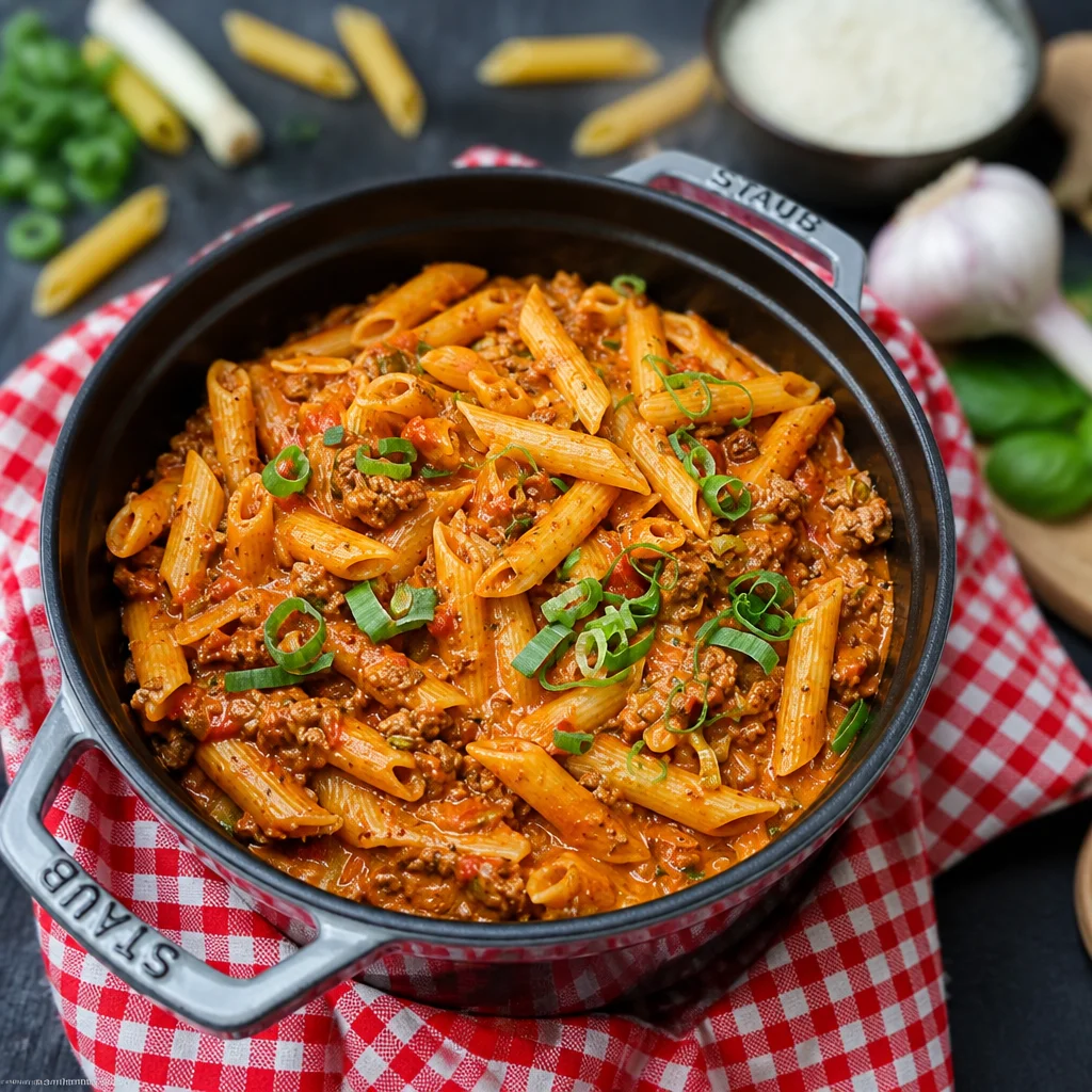 Ein Teller One Pot Pasta mit frischen Zutaten und Kräutern, perfekt für ein schnelles Abendessen.
