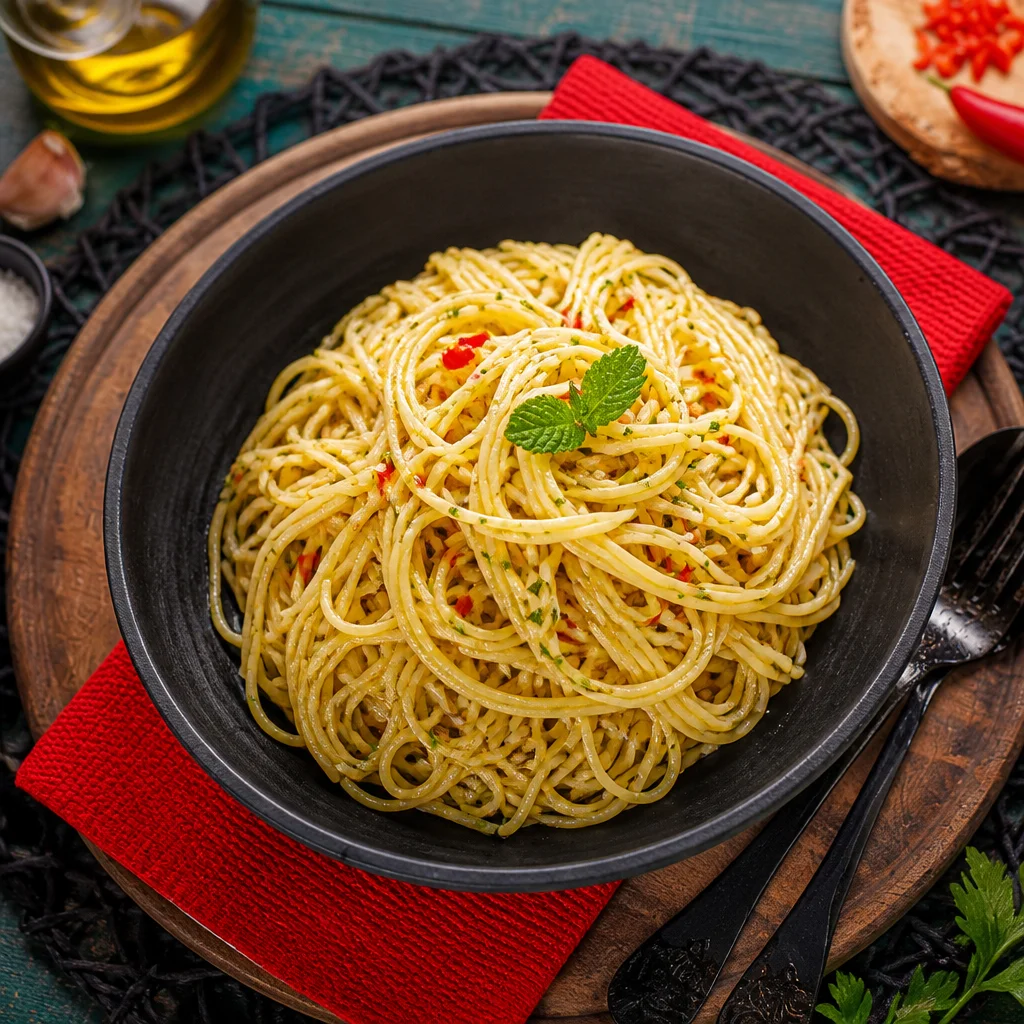 Servieren von Aglio e Olio Spaghetti mit Knoblauch und Olivenöl.